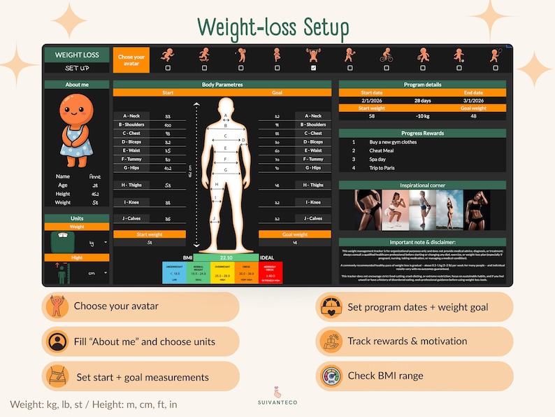 Puede incluir: Una interfaz digital de configuraci&oacute;n para la p&eacute;rdida de peso con un dise&ntilde;o en verde oscuro y negro. La interfaz incluye secciones para establecer objetivos, realizar un seguimiento del progreso y elegir un avatar. El texto "Weight-loss Setup" est&aacute; en la parte superior.
