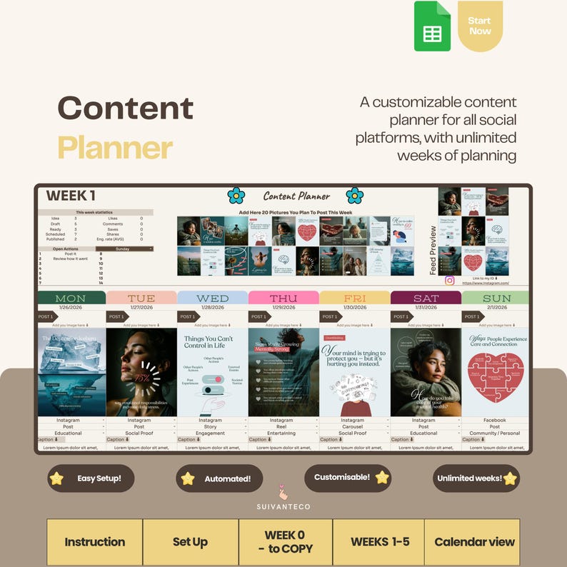 Pu&ograve; includere: Un content planner personalizzabile per piattaforme social. Presenta un layout settimanale con sezioni per Instagram e Facebook. Offre configurazione facile, automazione e settimane di pianificazione illimitate.