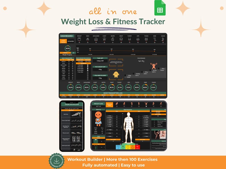 Puede incluir: Una interfaz digital de seguimiento de p&eacute;rdida de peso y fitness, con un panel de control, un creador de ejercicios y un registro de par&aacute;metros corporales. El dise&ntilde;o incluye pantallas de tel&eacute;fonos inteligentes, tabletas y computadoras con un tema oscuro y acentos naranjas.
