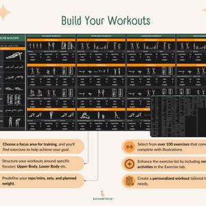 Puede incluir: Una gu&iacute;a de fitness con el texto "Build Your Workouts" presenta ilustraciones de ejercicios para entrenamientos de cuerpo completo, parte superior e inferior. Incluye opciones para elegir &aacute;reas de enfoque y personalizar rutinas.