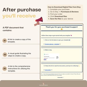 Pu&ograve; includere: Una guida per il download digitale con istruzioni su come accedere e utilizzare un modello acquistato su Etsy. La guida include i passaggi per scaricare i file, creare una copia e accedere alle istruzioni. Il testo include "Grazie per il tuo acquisto e supporto."