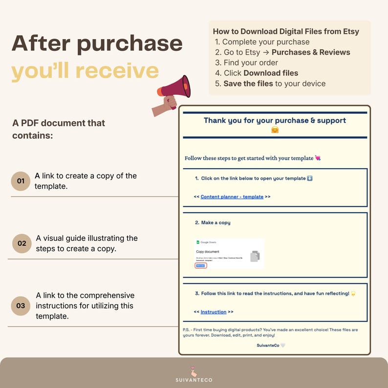 Pu&ograve; includere: Una guida per il download digitale con istruzioni su come accedere e utilizzare un modello acquistato su Etsy. La guida include i passaggi per scaricare i file, creare una copia e accedere alle istruzioni. Il testo include "Grazie per il tuo acquisto e supporto."
