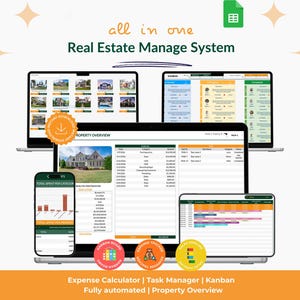 May include: A digital display of a real estate management system, showcasing property listings, financial data, and task management tools. The interface is displayed on multiple laptops and a smartphone, with the text "Real Estate Manage System".