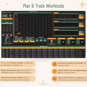Puede incluir: Un planificador de entrenamiento digital con una interfaz verde oscuro y negro. El planificador incluye secciones para el seguimiento de entrenamientos, estad&iacute;sticas y una vista de calendario. El texto en el planificador dice "Plan & Track Workouts" y "Workout Planner".