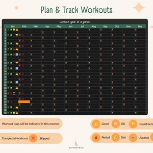 Puede incluir: Un planificador de entrenamiento digital con una cuadr&iacute;cula negra para rastrear los entrenamientos durante todo el a&ntilde;o. El planificador incluye una leyenda para marcar los entrenamientos completados, los entrenamientos omitidos y otros eventos relacionados con la salud. El texto "Plan & Track Workouts" est&aacute; en la parte superior.
