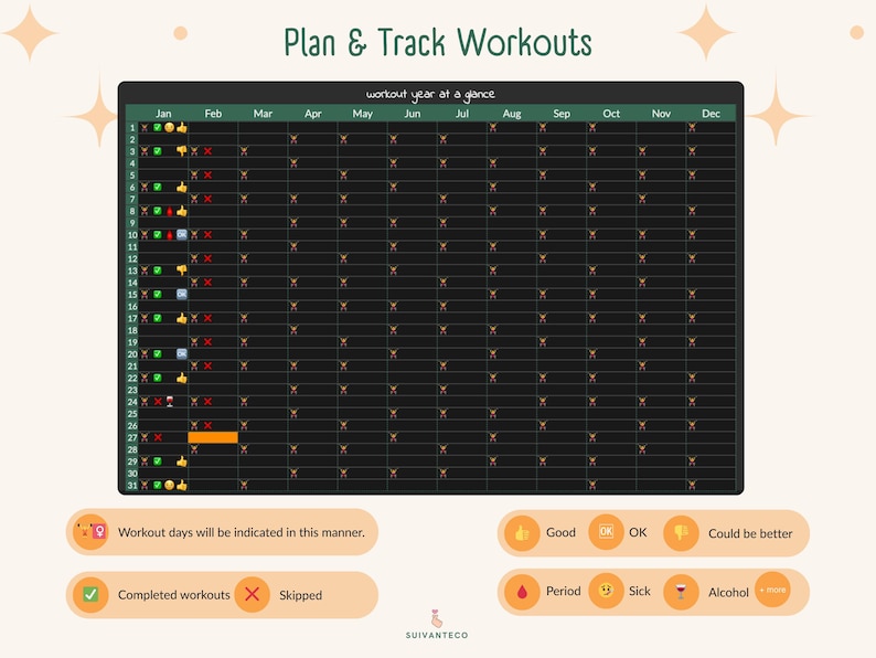 Puede incluir: Un planificador de entrenamiento digital con una cuadr&iacute;cula negra para rastrear los entrenamientos durante todo el a&ntilde;o. El planificador incluye una leyenda para marcar los entrenamientos completados, los entrenamientos omitidos y otros eventos relacionados con la salud. El texto "Plan & Track Workouts" est&aacute; en la parte superior.
