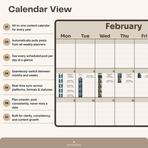 Pu&ograve; includere: Visualizzazione digitale del calendario per febbraio, con una griglia che mostra i giorni della settimana. Il calendario include testo come "Calendario dei contenuti all-in-one" e "Sincronizzazione in tempo reale". Il calendario &egrave; beige e marrone.