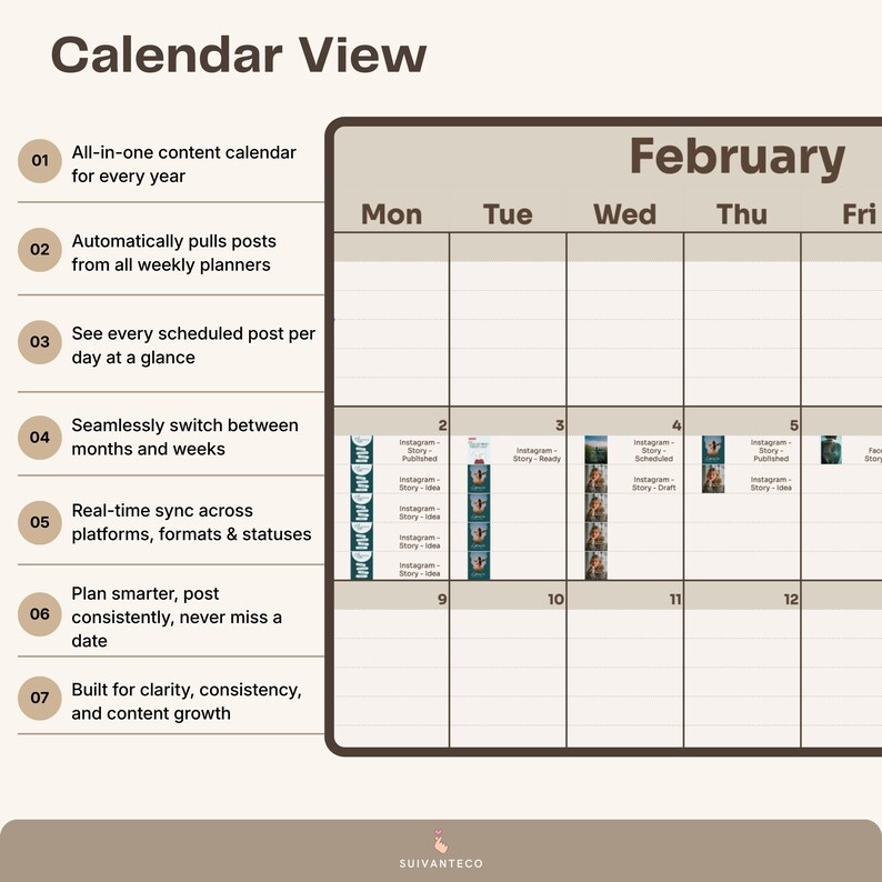 Pu&ograve; includere: Visualizzazione digitale del calendario per febbraio, con una griglia che mostra i giorni della settimana. Il calendario include testo come "Calendario dei contenuti all-in-one" e "Sincronizzazione in tempo reale". Il calendario &egrave; beige e marrone.