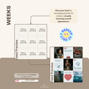 Pu&ograve; includere: Un modello digitale di anteprima del feed per Instagram, con un layout a griglia per la pianificazione dei post. Il testo recita: "Pianifica il tuo feed organizzando le immagini per creare un aspetto generale visivamente sbalorditivo." Un adesivo dice "I really like it."
