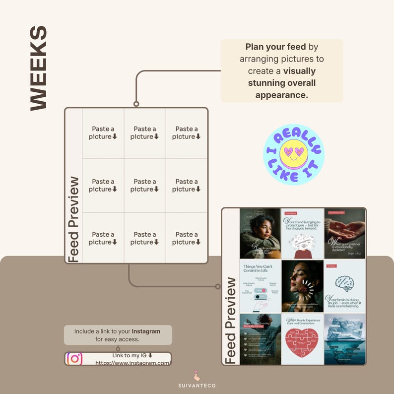 Pu&ograve; includere: Un modello digitale di anteprima del feed per Instagram, con un layout a griglia per la pianificazione dei post. Il testo recita: "Pianifica il tuo feed organizzando le immagini per creare un aspetto generale visivamente sbalorditivo." Un adesivo dice "I really like it."