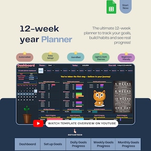 Modèle de feuilles Google sur 12 semaines avec progression automatique et suivi ludique - Planificateur d'objectifs TDAH
