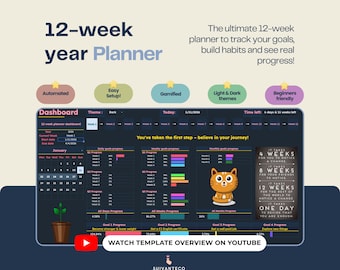 Planificador anual de 12 semanas en Google Sheets (tema oscuro) / Planificador de objetivos trimestrales y seguimiento de tareas semanales
