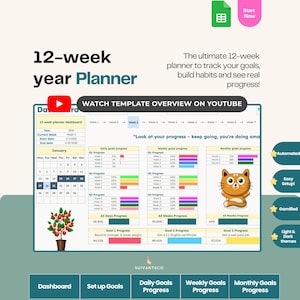 Goal Setting Template Google Sheets (Light Theme) | 12 Week Year Goal Planner & Progress Dashboard