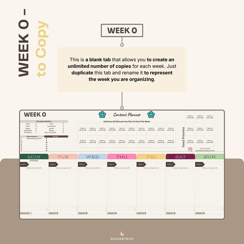 Pu&ograve; includere: Un modello di pianificatore di contenuti con il testo "WEEK O" e "Content Planner". Il modello include sezioni per la pianificazione settimanale, con spazi per immagini e didascalie e una sezione di anteprima del feed.