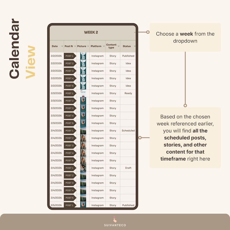 Pu&ograve; includere: Interfaccia di calendario digitale che mostra i contenuti social di una settimana, inclusi post e storie. Lo schermo mostra date, numeri di post, piattaforme, tipi di contenuto e stati. Il testo include "WEEK 2" e istruzioni per la selezione.