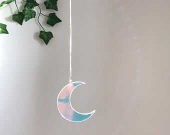 Iridescent Moon Suncatcher - Shimmering Acrylic Crescent, Silver Tone Chain finish - Window / Room Decor