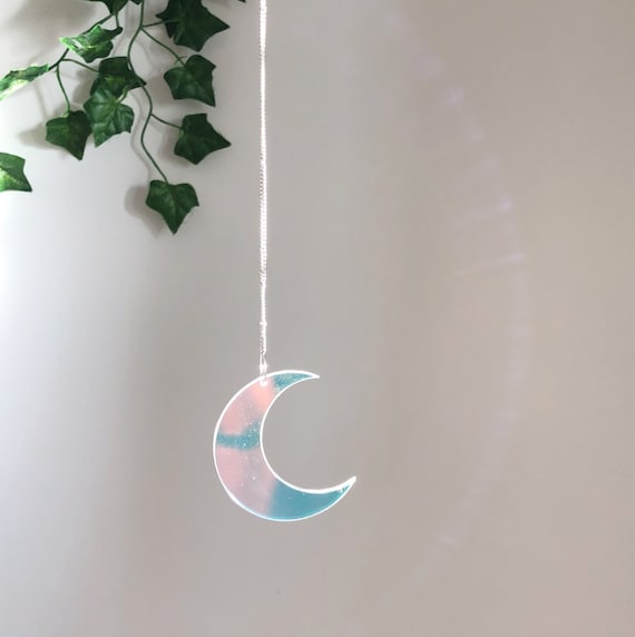 Iridescent Moon Suncatcher - Shimmering Acrylic Crescent, Silver Tone Chain finish - Window / Room Decor