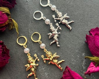 18k Gold Plated Brass / Silver Plated Brass Cherub Pearly Earrings - Romantic Angel Charm, Leverback Hoops - Victorian Style Jewellery