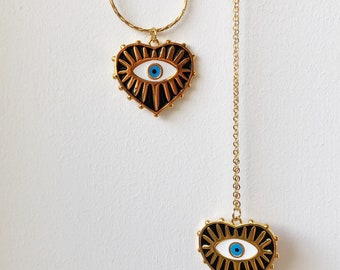 Evil Eye Necklace - Gold Plated, Blue Black Heart Shaped Pendant - Handmade in UK - Statement Retro Boho 70s Style Charm Jewellery