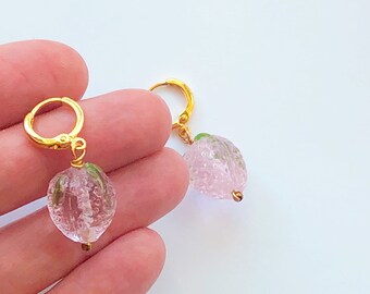 Glass Strawberry Hoop Earrings - Gold Plated and Pink Strawberries  - Cheerful Fruit Jewellery made in Brighton UK