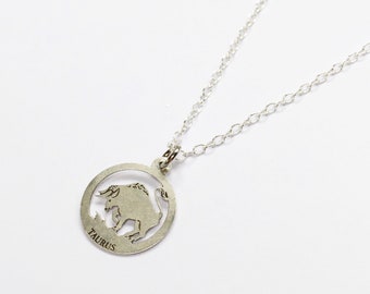 Silver Taurus Necklace -  Vintage Sterling Silver Starsign Pendant, 925 18’’ Chain, Zodiac Disc Charm