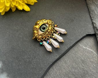 Statement All Seeing Eye Brooch - Gold Tone Brass, Peacock Glass, Faux Teardrop Pearl Charms - Eclectic Gothic Quirky Unusual Decorative Pin