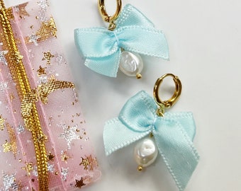 Pearl and Ribbon Hoop Earrings - Gold Plated, Pretty Coquette Jewellery - Pale Baby Blue Bow Charm Hoops - Lightweight, Sweet Pastel Ribbons