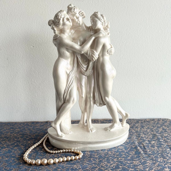 The Three Graces Figurine - Greek Mythology Inspired Statue - Pearl Plaster Goddess Figure - Classical Art Ornament, Home Alter Shrine Decor