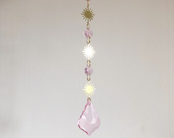 Solstice Suncatcher - Glass Crystal, Gold Finish - Decorative Window Ornament, Pink Faceted and Sunbeam Brass, Boho Pretty Home Decor (P)