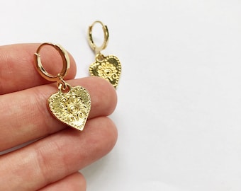 Floral Heart Hoop Earrings - Gold Plated - Lightweight Golden Charms, Vintage Style Retro Coquette Aesthetic, Pretty Loveheart Hoops