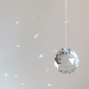 Glass Suncatcher - Sparkling Window Rainbow Maker, Home / Garden Decor - Housewarming / Crystal Anniversary, Faceted Sphere, Chain / Nylon