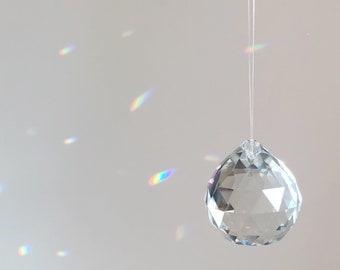 Glass Suncatcher - Sparkling Window Rainbow Maker, Home / Garden Decor - Housewarming / Crystal Anniversary, Faceted Sphere, Chain / Nylon