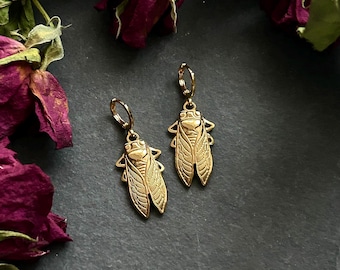 Cicada Beetle Hoop Earrings - 18k Gold Plated Brass / Silver Plated Brass Huggies Hoops, Winged Insect, Alternative Witchy Statement Charms