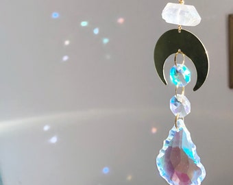 Luna Statement Suncatcher - Aura Quartz, Iridescent Glass Crystal, Gold Finish - Decorative Homeware (Clear, Pink, Peacock also available)