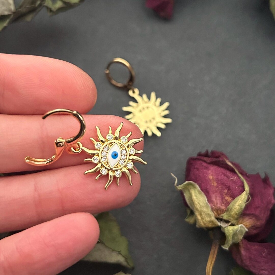 18k Gold Plated Angelic Eye Earrings - Leverback Huggies Hoops - Jewel ...