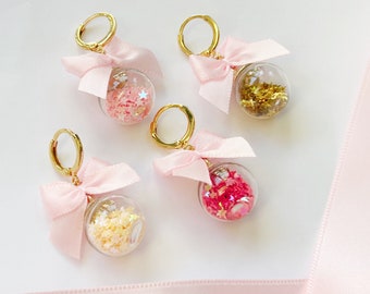 Ribbon and Star Earrings - Gold Plated, Pretty Coquette Jewellery - Star Filled Spheres with Pink Bows - Lightweight Charm Hoops