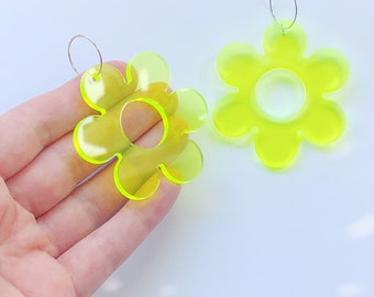 Eco Flower Hoop Earrings - Yellow Lightweight Recycled Acrylic - Fun Big Neon Daisy, Statement Bright Festival Jewellery, Neon Retro Flowers
