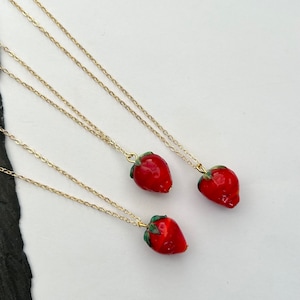 Red Strawberry Necklace - Glass, Gold Plated - Sweet Fruit Pendant, Cottagecore Jewellery, Summer Fruit Charm - Handmade in the UK