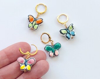 Painted Butterfly Earrings  - Gold Plated Hoops, Ceramic Butterflies - Cheerful Cute Summer Jewellery handmade in Brighton UK