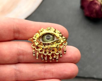 Statement High Eye Ring - Adjustable, Gold Tone Brass, Glass Bead Charms, Boho Quirky Eyeball Contemporary Surreal Gothic Eclectic Jewellery