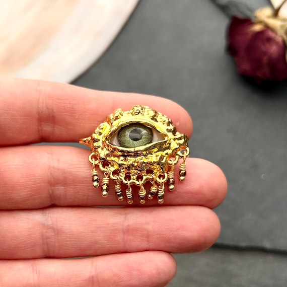 Statement High Eye Ring Adjustable, Gold Tone Brass, Glass Bead