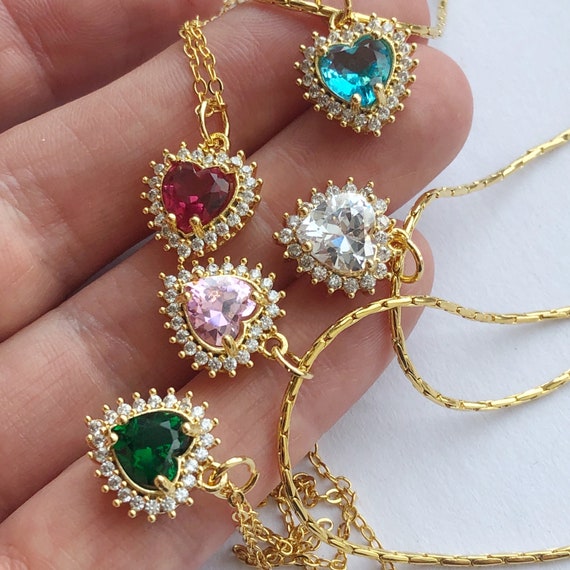 Jewel Heart Necklaces - Gold Plated, Red Green Lilac Aqua