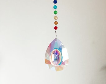 Rainbow Raindrop Suncatcher - Iridescent and Chakra Colours, Glass Crystal Sparkling Window Decoration - Boho Home Decor