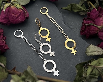 Venus Symbol Earring - 18k Gold Plated or Silver Plated Brass Huggie Hoops - Individual Single - Feminine Lightweight Charm Jewellery