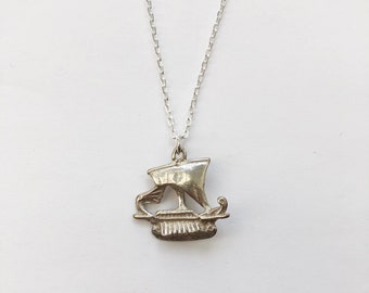 Silver Ship Necklace - Vintage Sterling Boat Pendant, 18” chain - 925 hallmark, low waste, Travel Theme Jewellery, Wanderlust Sailing Charm