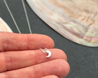 Sterling Silver Little Moon Necklace - 45cm / 17.71 Inch 925 Hallmarked Chain - Simple Boho Crescent, Cosmic Ethereal Jewellery