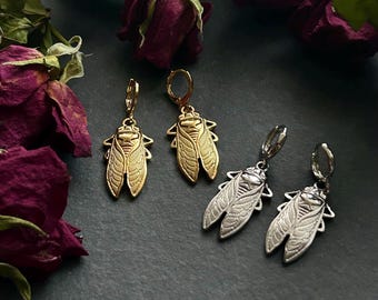 Cicada Beetle Hoop Earrings - Silver Plated Brass / Gold Plated Brass Huggies Hoops - Winged Insect Alternative Witchy Charm Jewellery