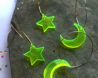 Eco Neon Yellow Moon / Star Hoop Earrings - Acrylic Crescent Charms - Recycled Perspex, Cosmic Festival Jewellery