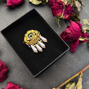 Statement All Seeing Eye Ring - Adjustable - Gold Tone Brass, Faux Pearl Drops, Peacock Glass Bead Contemporary Gothic Surreal Jewellery