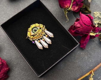Statement Eye Ring - Adjustable - Gold Tone Brass, Artiticial Pearl Drops, Peacock Glass Bead Charms - Contemporary Gothic Surreal Jewellery